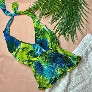 Y2K Linen Halter Top in Green & Blue Palm Print☀️🌿